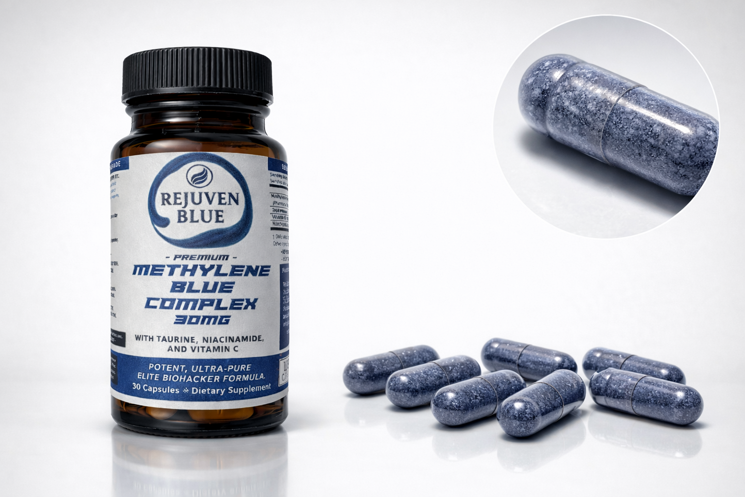 Rejuven Blue Capsules - Premium Methylene Blue Complex with Taurine, Niacinamide, and Vitamin C (30 Capsules) - RejuvenTech