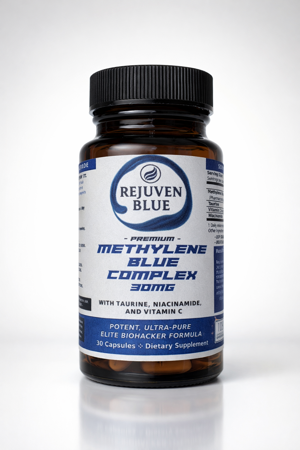 Rejuven Blue Capsules - Premium Methylene Blue Complex with Taurine, Niacinamide, and Vitamin C (30 Capsules) - RejuvenTech
