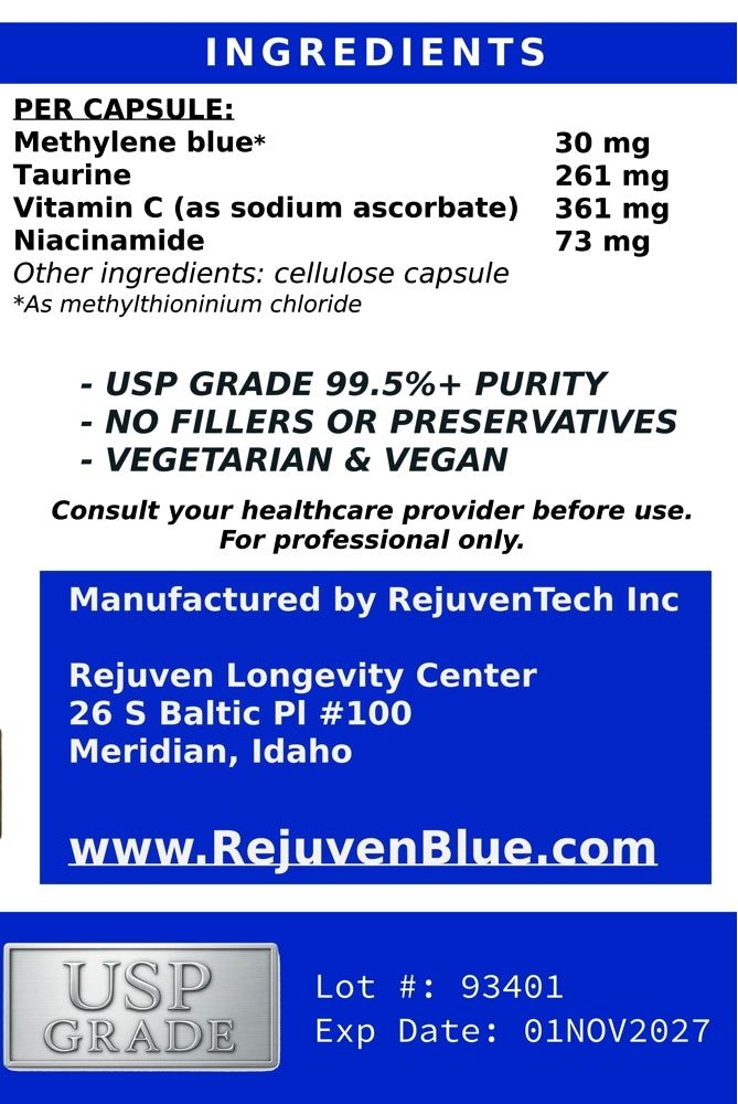 Rejuven Blue Capsules - Premium Methylene Blue Complex with Taurine, Niacinamide, and Vitamin C (30 Capsules)