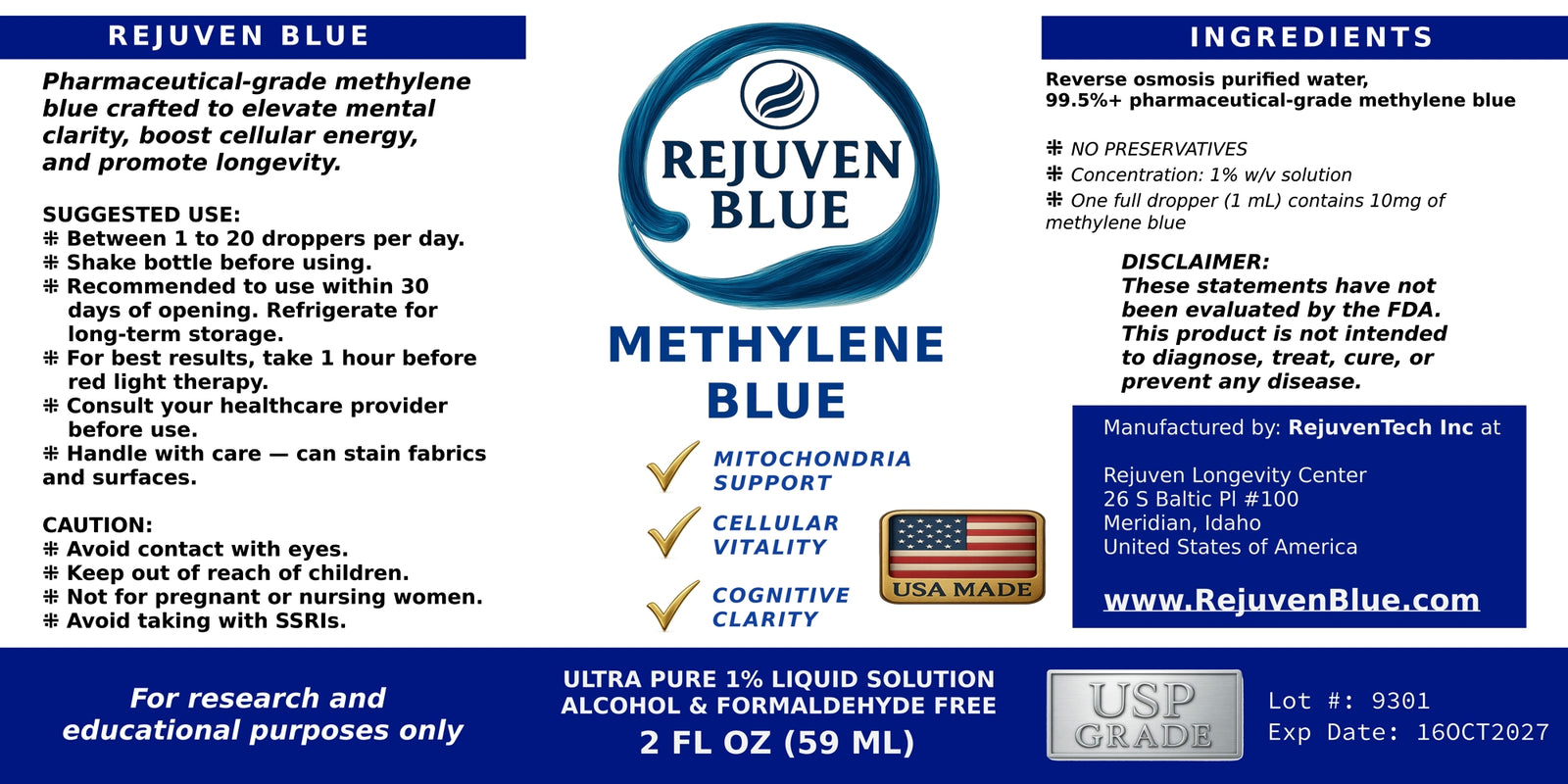 Rejuven Blue - 2-pack 2-oz Dropper - 1% Solution USP Methylene Blue - RejuvenTech