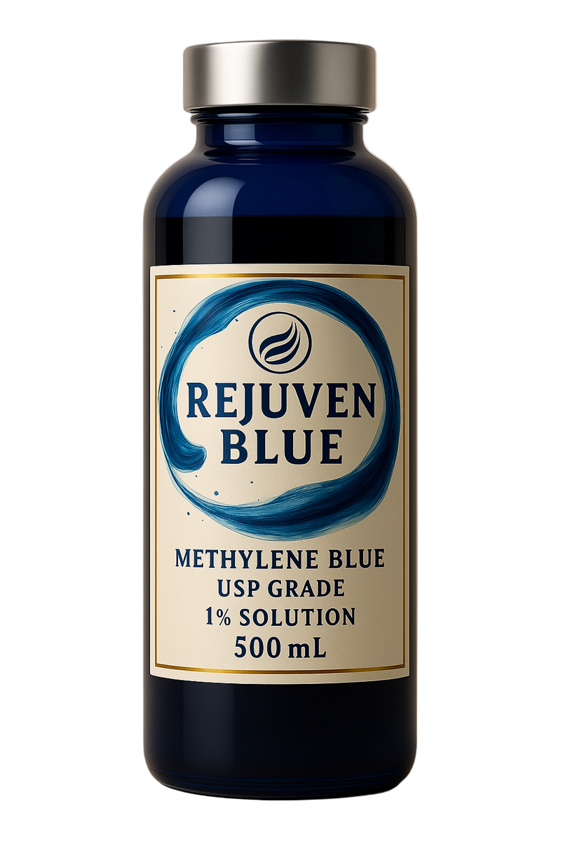 Bottle of Rejuven Blue Methylene Blue USP Grade solution on a white background