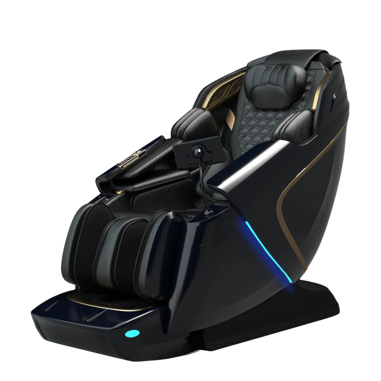 Black side view of a modern fitness device with a sleek design and control panel, displayed against a white background