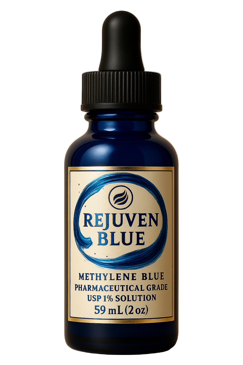 Bottle of Rejuven Blue methylene blue solution on a beige background