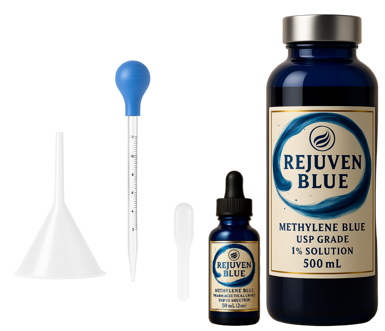 Rejuven Blue methylene blue USP grade solution packaging with funnel, dropper, and bottle on a transparent background