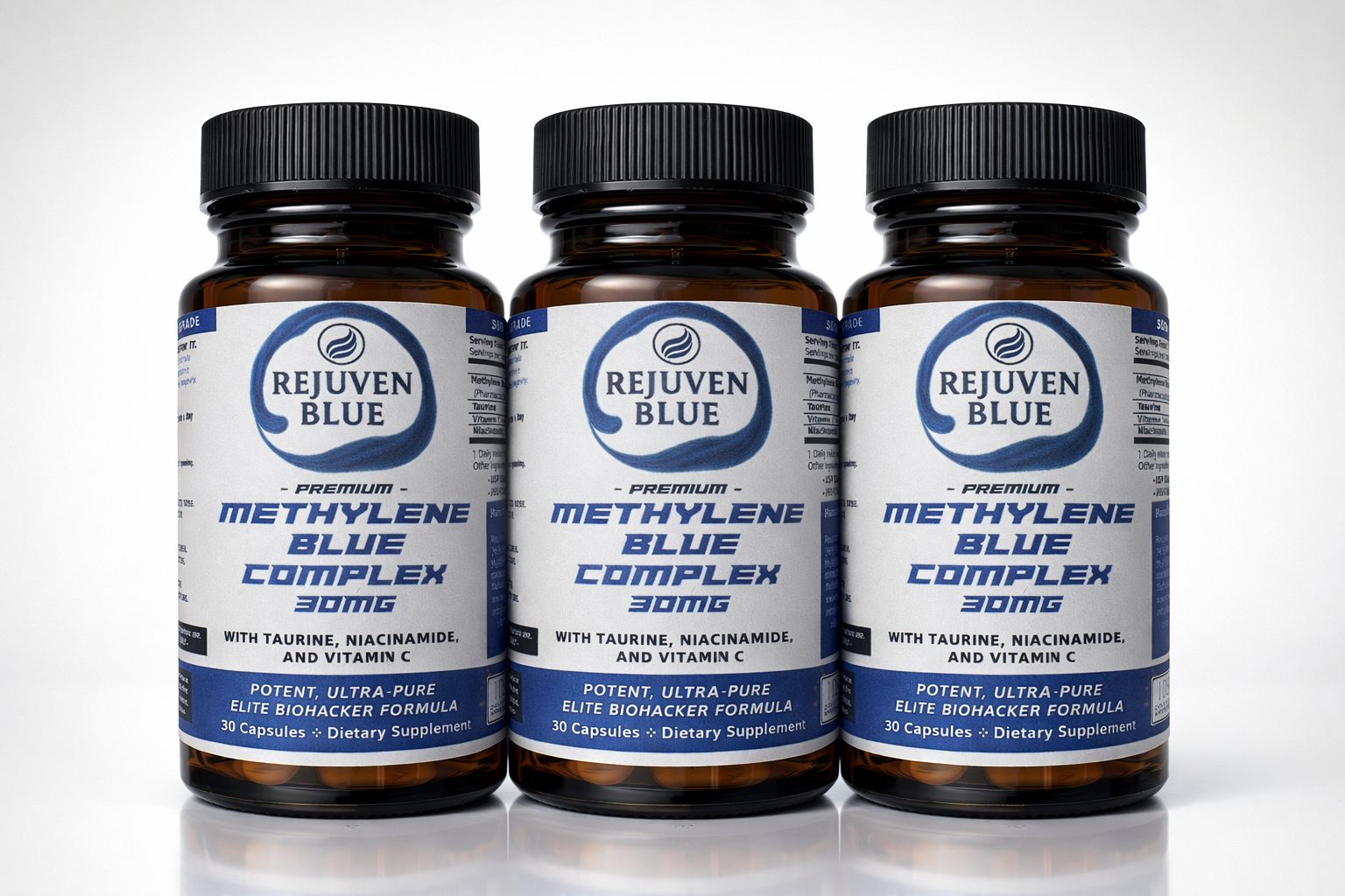 Rejuven Blue Capsules - Premium Methylene Blue Complex with Taurine, Niacinamide, and Vitamin C (30 Capsules) - RejuvenTech