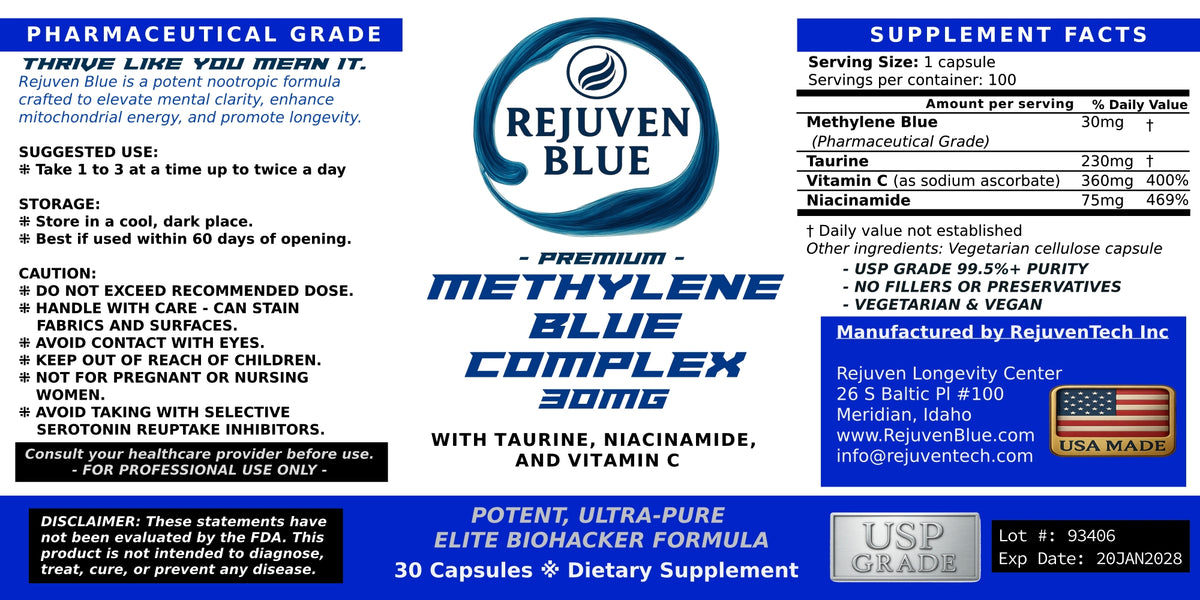 Rejuven Blue Capsules 3-Pack - Premium Methylene Blue Complex with Taurine, Niacinamide, and Vitamin C (90 Capsules) - RejuvenTech